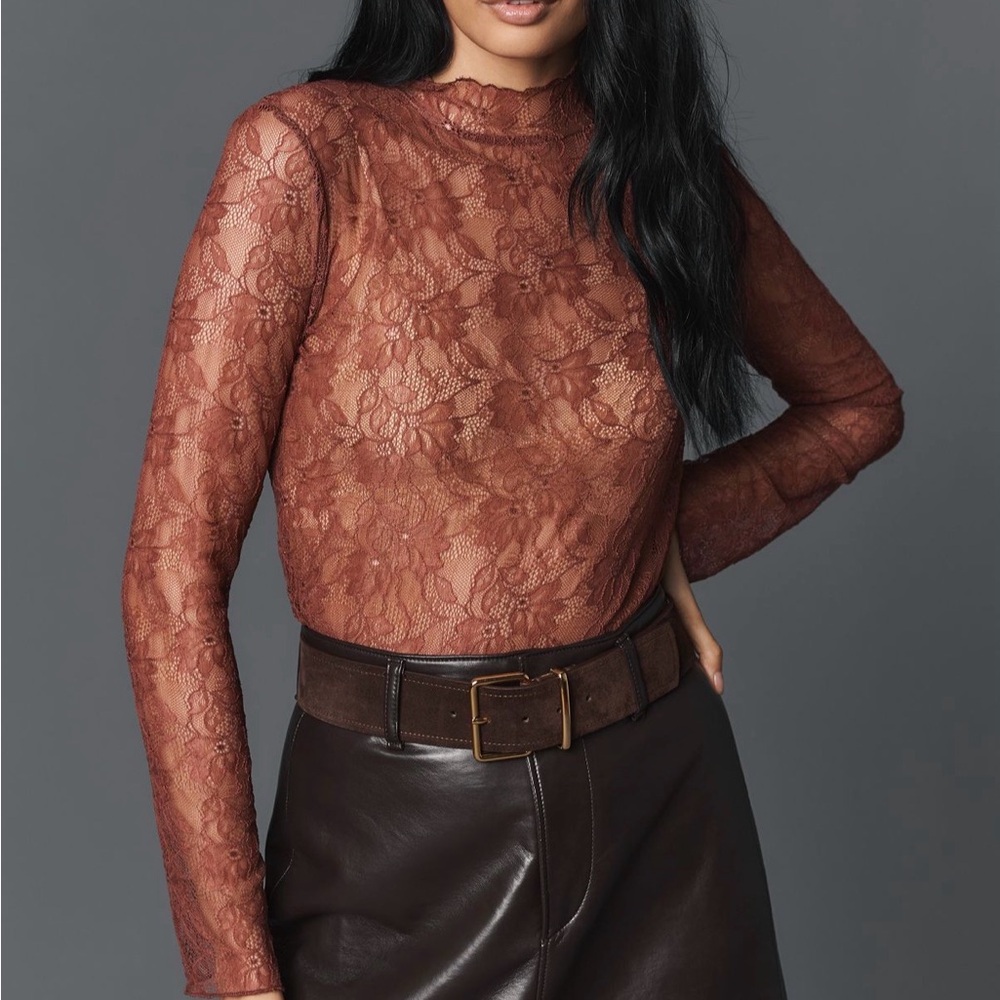 NWT by Anthropologie Sheer Lace Turtleneck in Rose - Size M